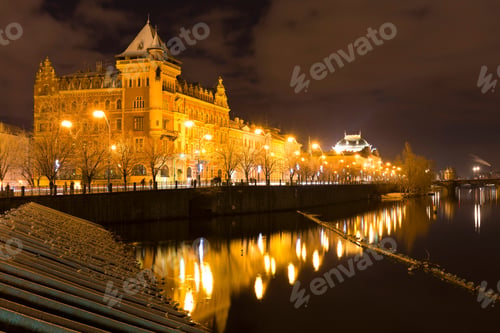 Preview: Night Snowy Prague Old Town From Charles Bridge, Czech Republic