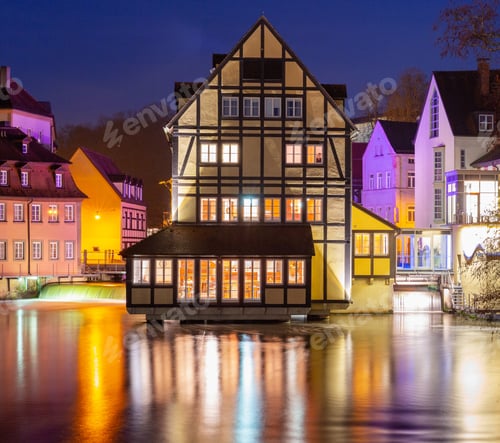 Preview: Old City Embankment In Night Illumination. Bamberg. Bavaria Germany.