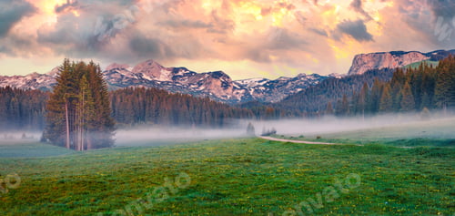 Preview: Panoramic Summer Sunrise Scene Of Durmitor Nacionalni Park. Dramatic Morning View Of Montenegro