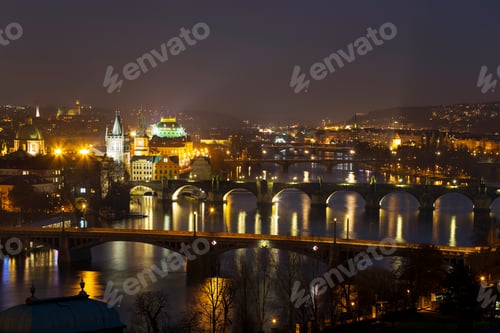Preview: Night Prague City With Its Cathedrals, Towers And Bridges In The Christmas Time, Czech Republic