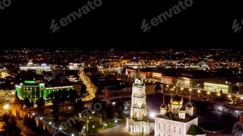 Preview: Tula, Russia. Aerial View Of The City At Night. Tula Kremlin, Holy Assumption Cathedral. Text