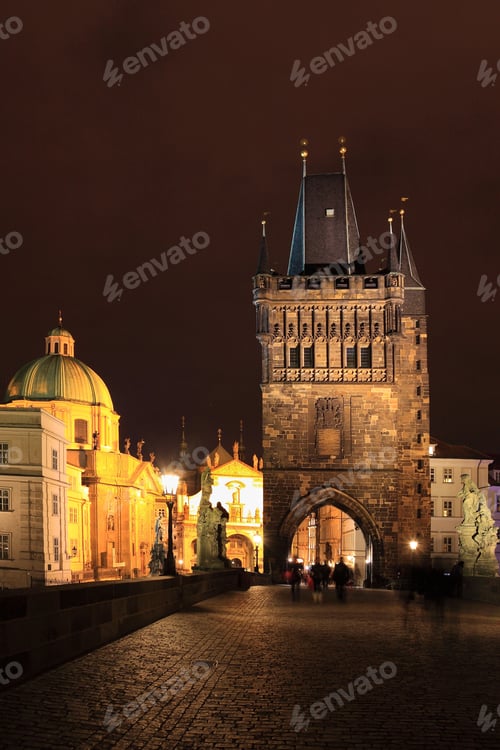Preview: The Night View On Bright Prague Old Town With The Bridge Tower, Czech Republic