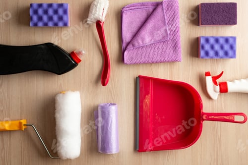 Preview: Household Accessories Neatly Laid Out On The Table. Top View