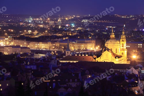 Preview: The Panoramic View To Bright Prague With Colorful St. Nicholas' Cathedral In The Night