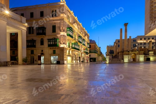 Preview: The Main City Street Of The Republic In The Light Of Lanterns At Dawn. Valletta.