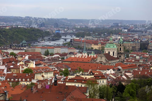 Preview: View On The Spring Prague City With The Green Nature And Flowering Trees, Czech Republic