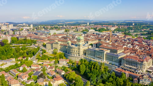 Preview: Bern, Switzerland. Federal Palace - Bundeshaus, Historic City Center, General View, Aare River