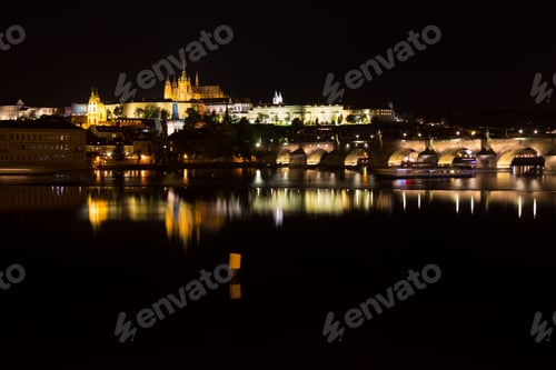 Preview: Prague Gothic Castle With The Lesser Town And Charles Bridge Above River Vltava In The Night, Czech