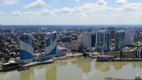 Preview: Krasnodar, Russia. New Residential Buildings On The Kubanskaya Embankment. The Kuban River. Flight