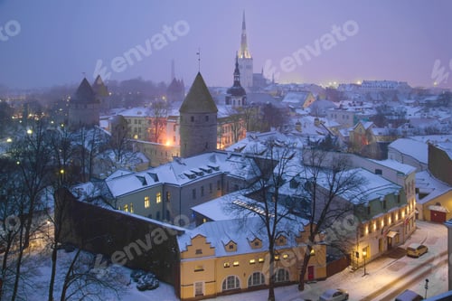 Preview: Misty March Twilight Over The Old City. Tallinn, Estonia