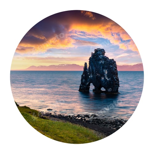 Preview: Round Icon Of Nature With Landscape. Huge Basalt Stack Hvtserkur On The Eastern Shore Of The