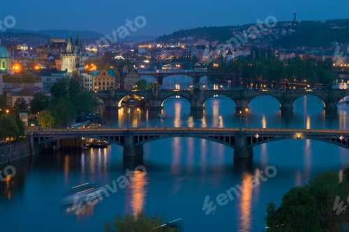Preview: Prague Bridges In The Evening Landscape. Czech Republic, Prague