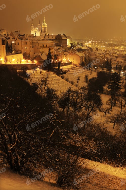 Preview: Romantic Night Snowy Prague Gothic Castle, Czech Republic