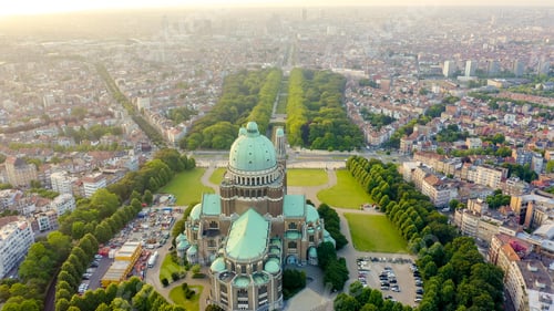 Preview: Brussels, Belgium. National Basilica Of The Sacred Heart. Early Morning, Aerial View