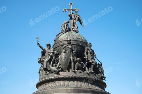 Preview: Top Of The Monument "Millennium Of Russia" (1862) Closeup On Background Of Blue Sunny Sky. Veliky