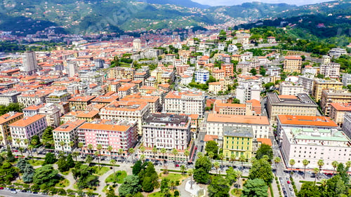 Preview: La Spezia, Italy. Flight Along The Coast, Viale Italia Street. View From Above, Aerial View