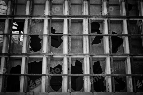 Preview: Broken Window In Old And Abandoned House, Construction And Architecture