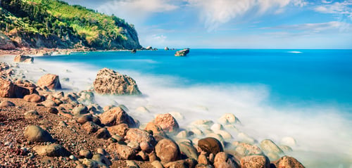 Preview: Panoramic Spring View Of Avali Beach. Unbelievable Morning Seascape Of Ionian Sea. Exciting Outdoor