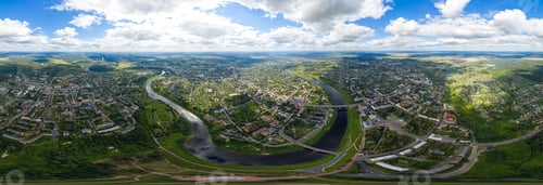 Preview: Rzhev, Russia. Panorama 360 Of The City Center. Aerial View Of The Volga And The Embankment