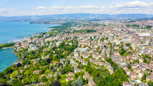 Preview: Lausanne, Switzerland. Flight Over The Central Part Of The City. The Coast Of Lake Geneva, Aerial