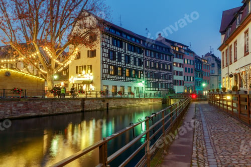 Preview: Half-Timbered House On The Canal At Night In Strasbourg. Alsace.