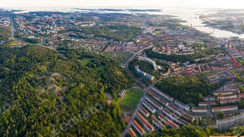 Preview: Gothenburg, Sweden. Panoramic Aerial View Of The City Center In The Evening. Sunset