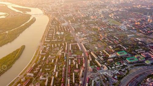 Preview: View Of The City Of Omsk And Irtysh River During Sunset. Russia, From Dron