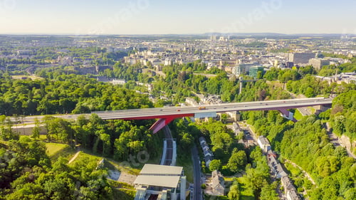 Preview: Luxembourg, Historical City Center In The Morning. Pont Rouge, Aerial View