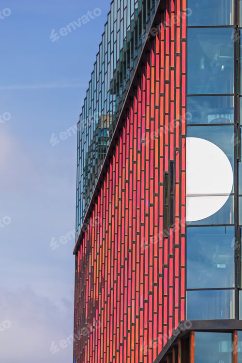 Preview: Red Glass Facade At Modern Building In Amsterdam