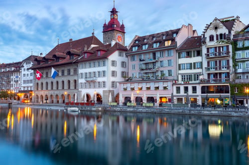 Preview: Facades Of Old Medieval Houses On The City Embankment At Sunrise. Lucerne. Switzerland.