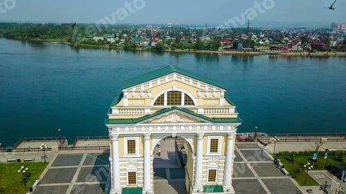 Preview: Russia, Irkutsk. Moscow Gate. Landmark On The Embankment Of The Angara River, From Dron