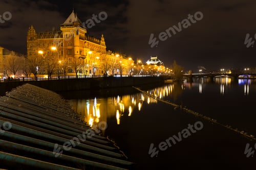 Preview: Night Snowy Prague Old Town From Charles Bridge, Czech Republic
