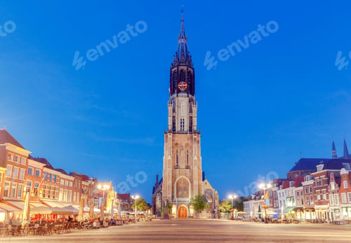 Preview: The Central Market Square And New Church With A Bell Tower In The City Delft On Sunset. Netherlands.
