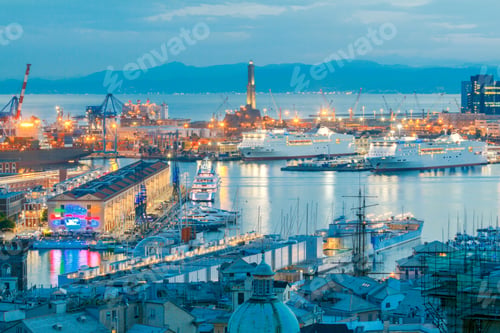 Preview: Aerial View Of The Sea Port With Night Lighting In Genoa At Sunset.