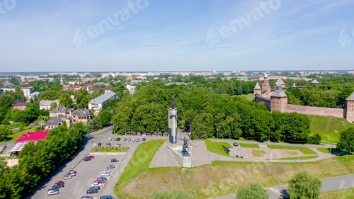 Preview: Veliky Novgorod, Russia. Victory Monument. Novgorod Kremlin (Detinets), Volkhov River, From Drone