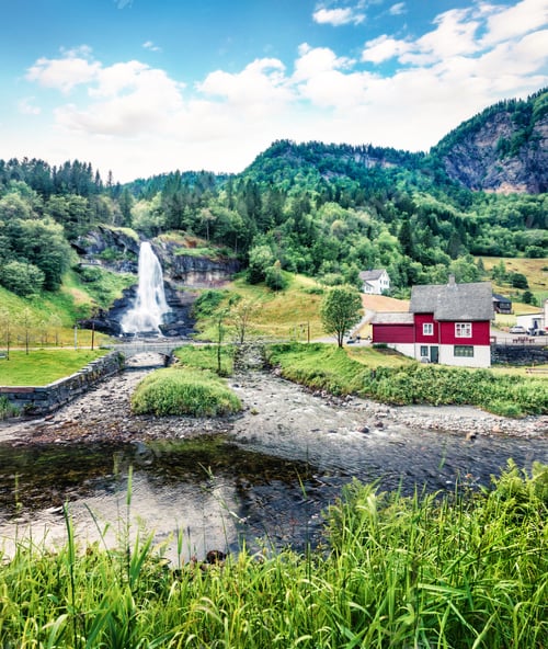 Preview: Awesome Summer Scene Of Waterfall Steinsdalsfossen On The Fosselva River. Picturesque Evenig Scene