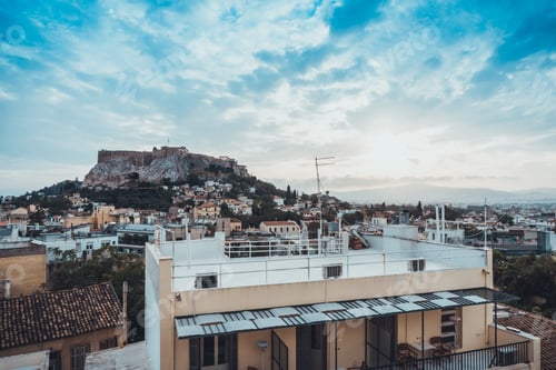 Preview: Panoramic View Of Sun Setting Over Serene Seaside Village In Europe On A Beautiful Summer Day