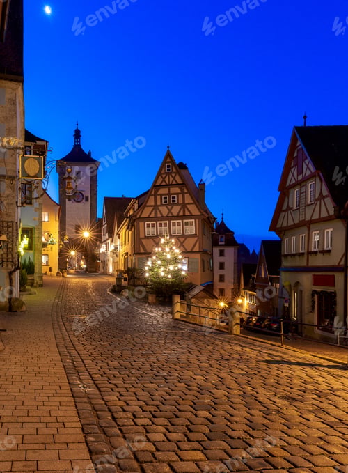 Preview: Old Traditional Medieval Street In Night Illumination. Rothenburg Ob Der Tauber. Bavaria Germany.