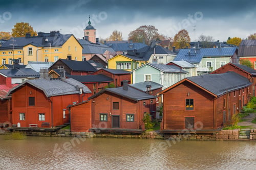 Preview: Old Wooden Barns On A Cityscape On A Cloudy October Day. Old Porvoo, Finland