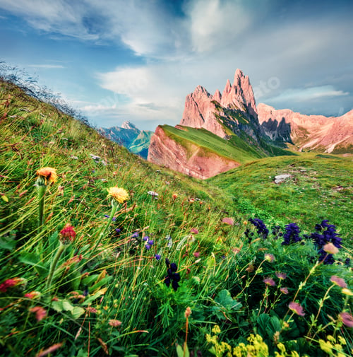 Preview: Amazing Evening View Of Furchetta Peak. Breathtaking Summer Scene Of Funes Valley. Great Sunset In