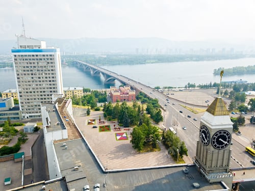 Preview: Russia, Krasnoyarsk. Aerial View Of The Clock Tower (Krasnoyarsk Big Ben), Communal Bridge Over The