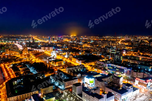 Preview: Yekaterinburg, Russia. Panorama Of The City Center, The Temple. Night City In The Early Spring