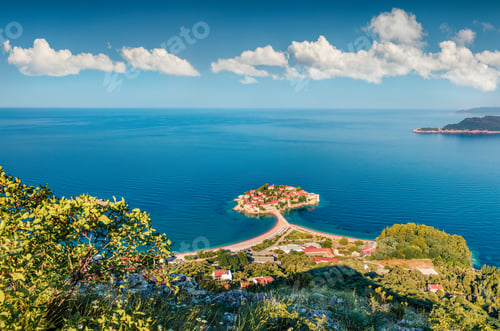 Preview: Aerial Summer Cityscape Of Sveti Stefan Town. Magnificent Morning Seascape Of Adriatic Sea