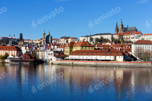 Preview: Colorful Autumn Prague Gothic Castle With The Lesser Town Above River Vltava In The Sunny Day