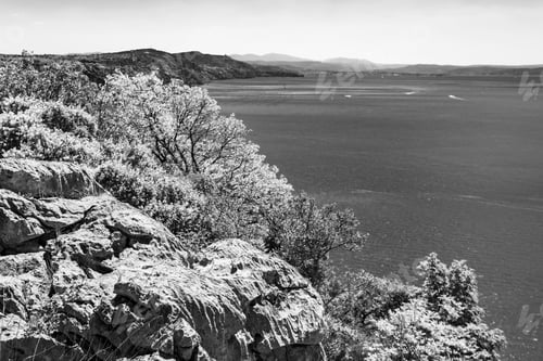 Preview: Gulf Of Trieste. High Cliffs Between Boats, Karst Rocks And Ancient Castles. Black And White
