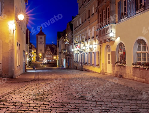 Preview: Old Traditional Medieval Street In Night Illumination. Rothenburg Ob Der Tauber. Bavaria Germany.