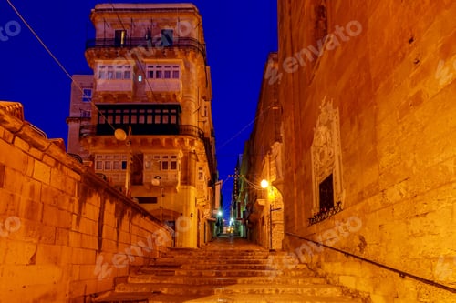 Preview: Valletta. Old Medieval Street At Night.