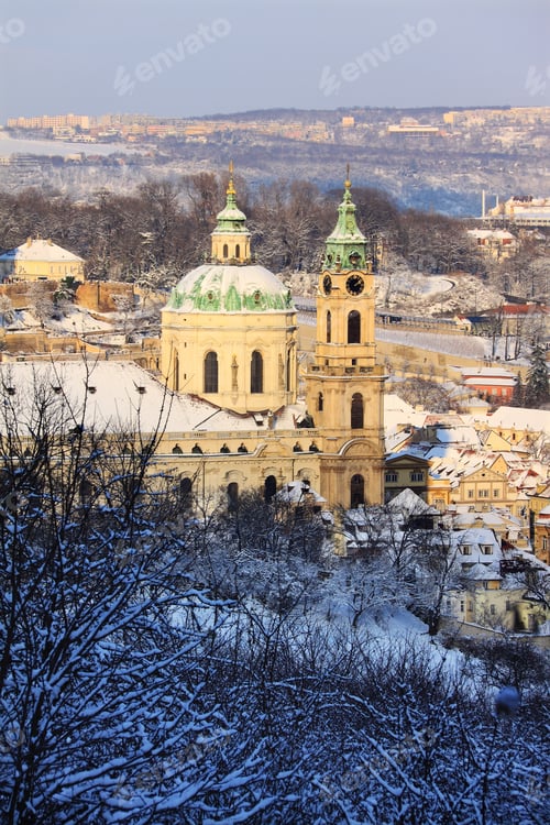 Preview: Snowy Prague St. Nicholas' Cathedral In The Sunny Day, Czech Republic
