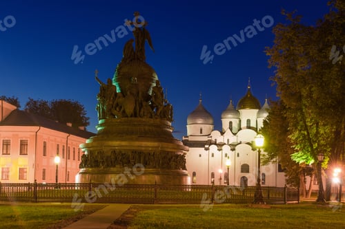 Preview: Monument "Millennium Of Russia" (1862) And Ancient St. Sophia Cathedral In The Night Detinets