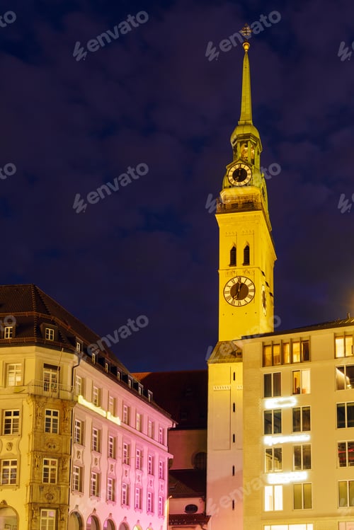 Preview: St Peter'S Church Gothic Cathedral At Night, Symbol Of City, Munich, Bavaria